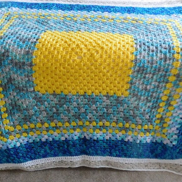 Handmade Crochet Afghan Knit Throw Lap Blanket 50 x 52 "  Blue Yellow Turquoise - Picture 1 of 6